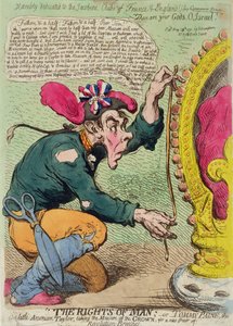 Människans rättigheter, eller Tommy Paine, den lilla amerikanen Taylor, tar kronans mått för ett nytt par revolutionsbyxor, utgiven av Hannah Humphrey 1791 (handfärgad etsning)